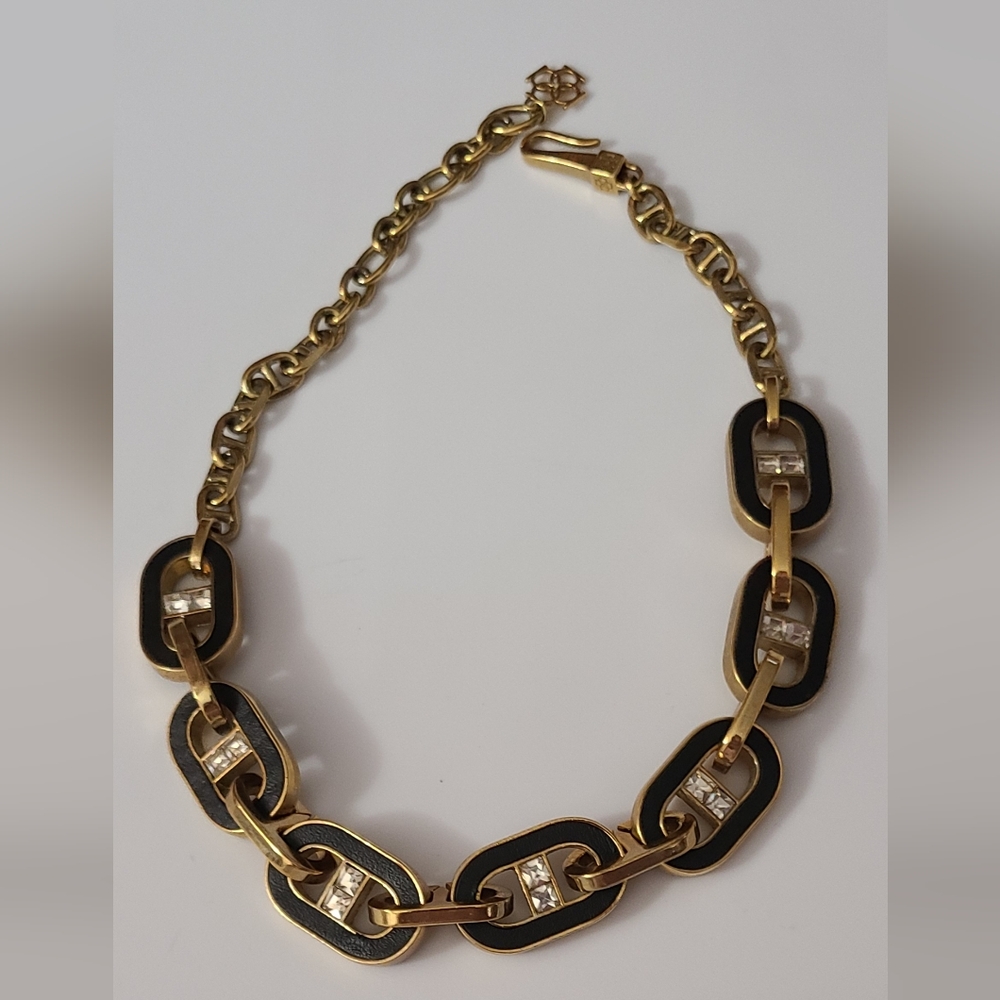 Vintage Chunky Anne Klein Gold Black Rhinestones Necklace Couture Runway 80's
